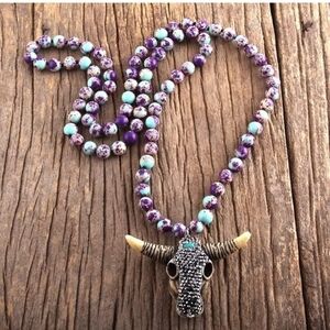 Purple Bulls Head Natural Stone Pendant Necklace